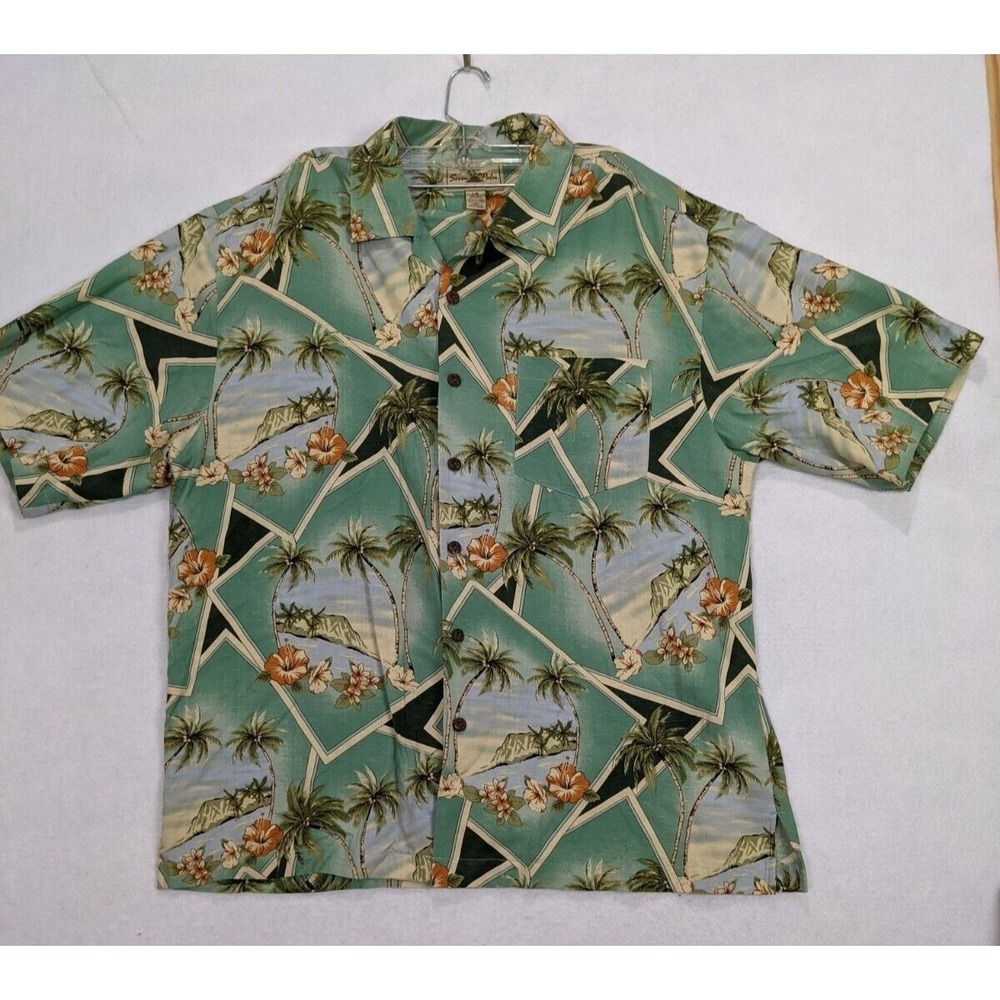 Seven Palm Brand Mens Hawaiian Shirt Size L  Short Sleeve Silk  Green